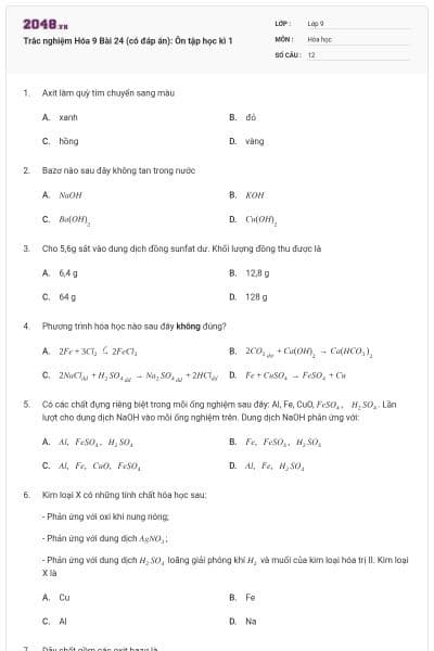 Trắc nghiệm Hóa 9 Bài 24 (có đáp án): Ôn tập học kì 1
