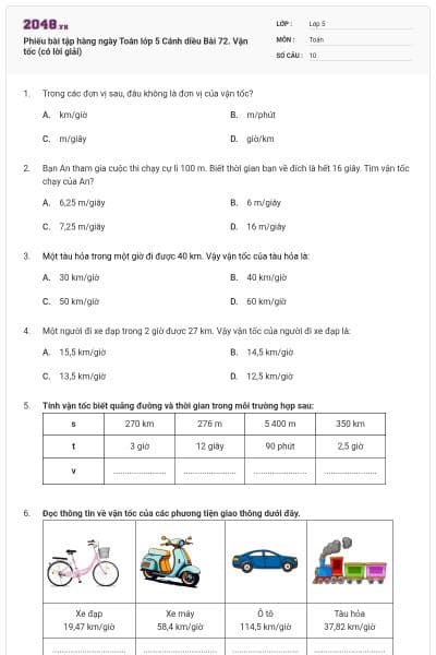 Phiếu bài tập hàng ngày Toán lớp 5 Cánh diều Bài 72. Vận tốc (có lời giải)