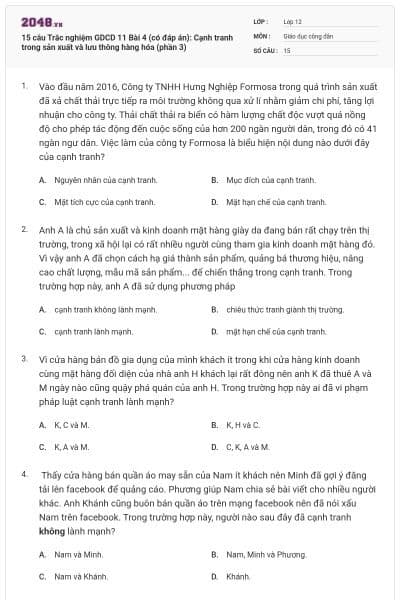 15 câu Trắc nghiệm GDCD 11 Bài 4 (có đáp án): Cạnh tranh trong sản xuất và lưu thông hàng hóa (phần 3)