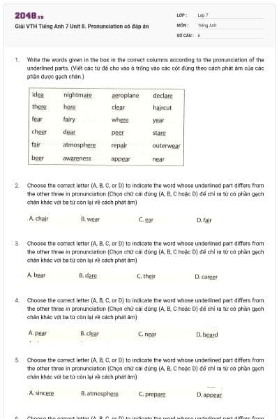 Giải VTH Tiếng Anh 7 Unit 8. Pronunciation có đáp án