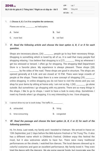 Bộ 8 đề thi giữa kì 2 Tiếng Anh 7 Right on có đáp án - Đề 5