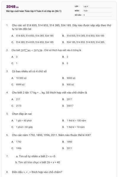 Bài tập cuối tuần Toán lớp 4 Tuần 4 có đáp án (Đề 1)