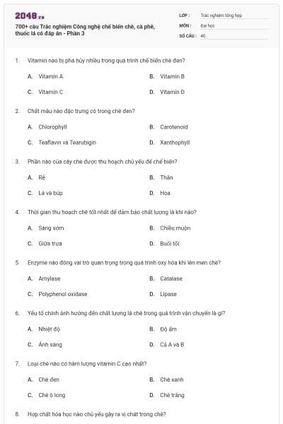 700+ câu Trắc nghiệm Công nghệ chế biến chè, cà phê, thuốc lá có đáp án - Phần 3
