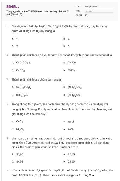 Tổng hợp đề thi thử THPTQG môn Hóa Học hay nhất có lời giải (Đề số 18)