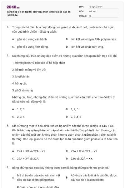 Tổng hợp đề ôn tập thi THPTQG môn Sinh Học có đáp án (Đề số 22)