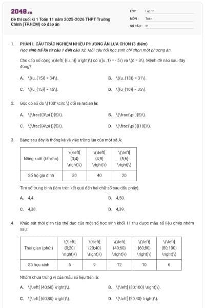 Đề thi cuối kì 1 Toán 11 năm 2025-2026 THPT Trường Chinh (TP.HCM) có đáp án