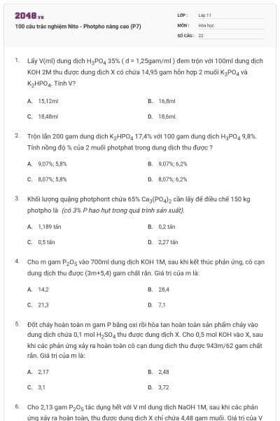 100 câu trắc nghiệm Nito - Photpho nâng cao (P7)