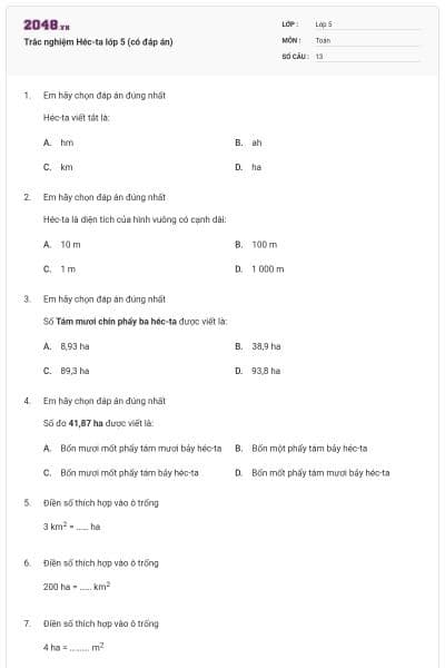Trắc nghiệm Héc-ta lớp 5 (có đáp án)