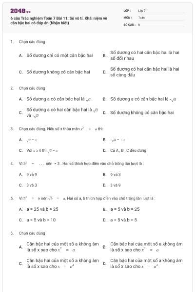 6 câu Trắc nghiệm Toán 7 Bài 11: Số vô tỉ. Khái niệm về căn bậc hai có đáp án (Nhận biết)