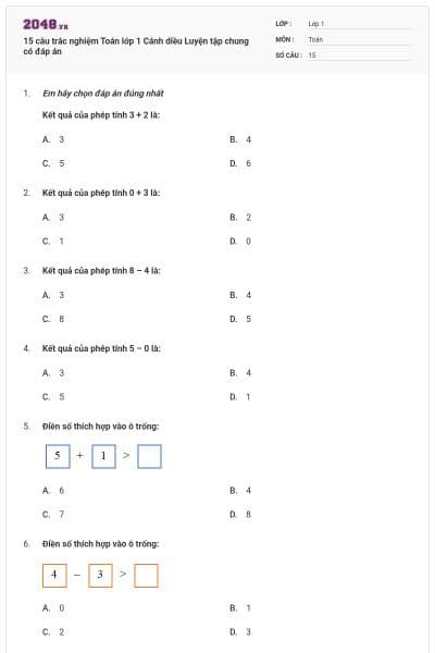 15 câu trắc nghiệm Toán lớp 1 Cánh diều Luyện tập chung có đáp án
