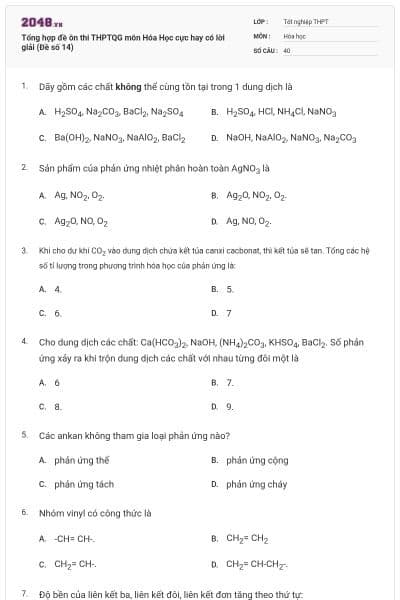 Tổng hợp đề ôn thi THPTQG môn Hóa Học cực hay có lời giải (Đề số 14)