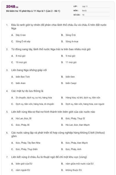 Đề kiểm tra 15 phút Địa Lí 11 Học kì 1 (Lần 2 - Đề 1)