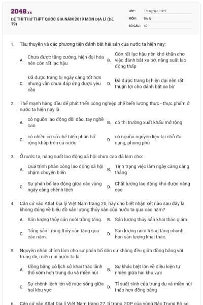 ĐỀ THI THỬ THPT QUỐC GIA NĂM 2019 MÔN ĐỊA LÍ (ĐỀ 19)