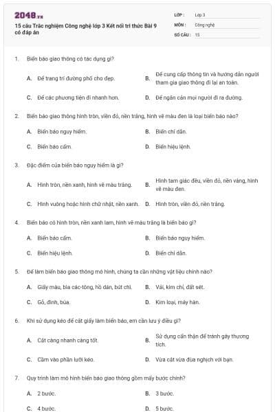 15 câu Trắc nghiệm Công nghệ lớp 3 Kết nối tri thức Bài 9 có đáp án