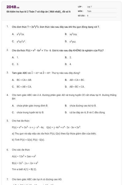 Đề kiểm tra học kì 2 Toán 7 có đáp án ( Mới nhất)_ đề số 6