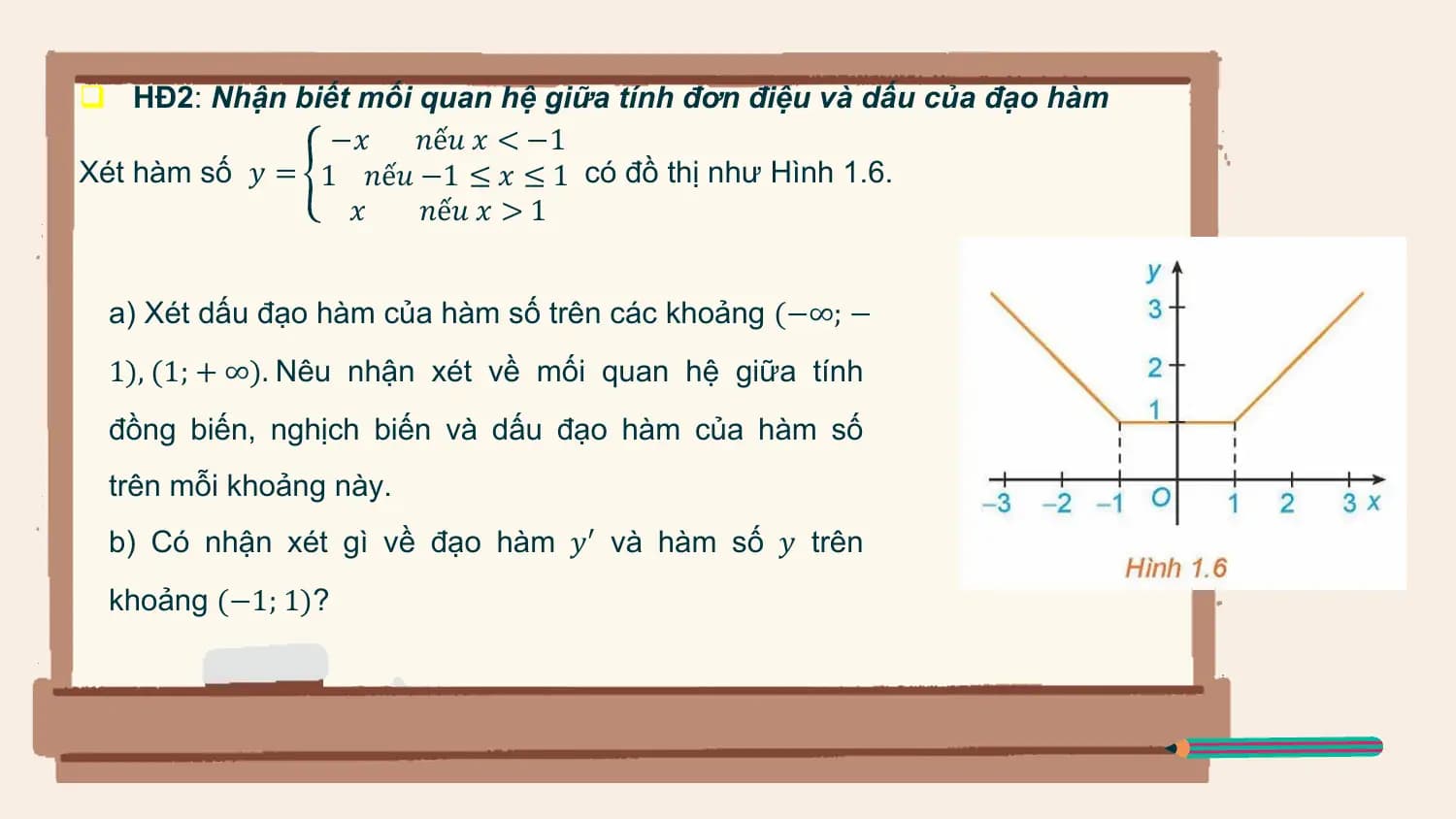 q HĐ2: Nhận biết mối quan hệ giữa tính đơn điệu và dấu của đạo hàm
 −𝑥 𝑛ế𝑢 𝑥 < −1
Xét hàm số 𝑦 = 1 𝑛ế𝑢 −1 ≤ 𝑥 ≤ 1 có đồ thị như Hình 1.6.
 𝑥 𝑛ế𝑢 𝑥 > 1

 a) Xét dấu đạo hàm của hàm số trên các khoảng (−∞; −
 1), (1; + ∞). Nêu nhận xét về mối quan hệ giữa tính
 đồng biến, nghịch biến và dấu đạo hàm của hàm số
 trên mỗi khoảng này.
 b) Có nhận xét gì về đạo hàm 𝑦′ và hàm số 𝑦 trên
 khoảng (−1; 1)?