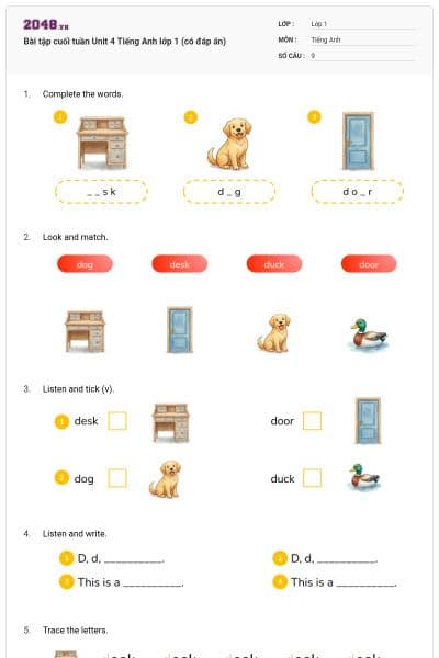 Bài tập cuối tuần Unit 4 Tiếng Anh lớp 1 (có đáp án)