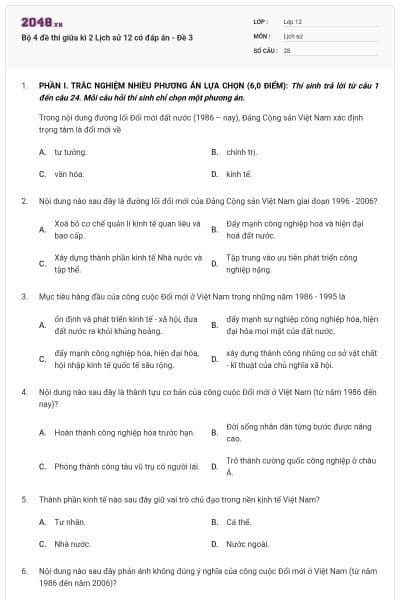 Bộ 4 đề thi giữa kì 2 Lịch sử 12 có đáp án - Đề 3