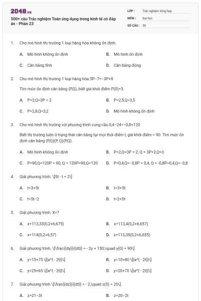 500+ câu Trắc nghiệm Toán ứng dụng trong kinh tế có đáp án - Phần 23
