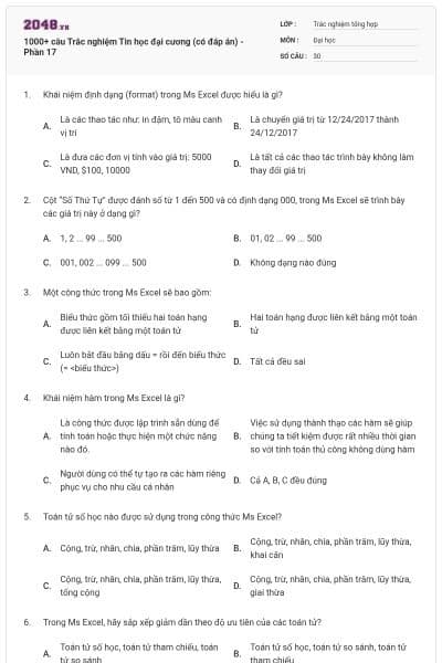 1000+ câu Trắc nghiệm Tin học đại cương (có đáp án) - Phần 17