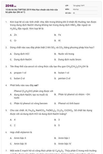 15 Đề thi thử THPTQG 2019 Hóa Học chuẩn cấu trúc của bộ giáo dục (Đề số 1)