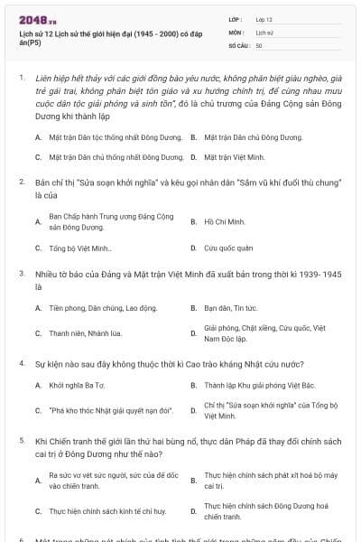 Lịch sử 12 Lịch sử thế giới hiện đại (1945 - 2000) có đáp án(P5)