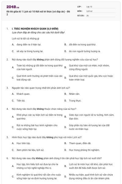 Đề thi giữa kì 1 Lịch sử 10 Kết nối tri thức (có đáp án) - Đề 2
