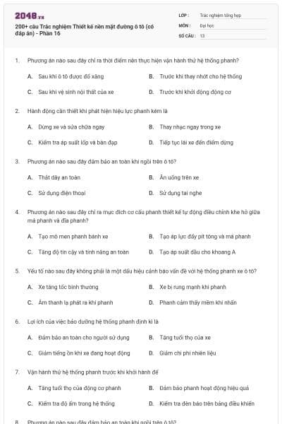 200+ câu Trắc nghiệm Thiết kế nền mặt đường ô tô (có đáp án) - Phần 16