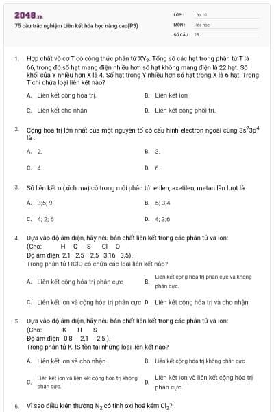 75 câu trắc nghiệm Liên kết hóa học nâng cao(P3)