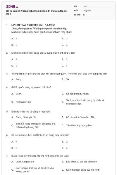Đề thi cuối kì 2 Công nghệ lớp 5 Kết nối tri thức có đáp án - Đề 1