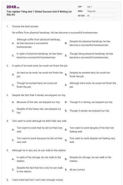 Trắc nghiệm Tiếng Anh 7 Global Success Unit 8 Writing (có đáp án)