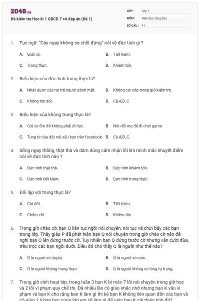 Đề kiểm tra Học kì 1 GDCD 7 có đáp án (Đề 1)