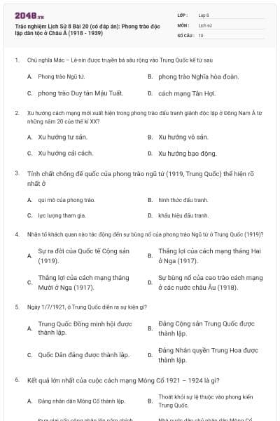 Trắc nghiệm Lịch Sử 8 Bài 20 (có đáp án): Phong trào độc lập dân tộc ở Châu Á (1918 - 1939)