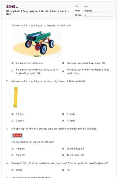 Đề thi giữa kì 2 Công nghệ lớp 5 Kết nối tri thức có đáp án - Đề 6