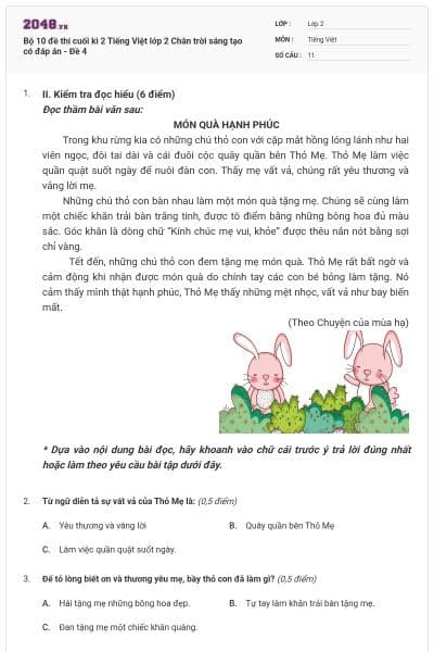 Bộ 10 đề thi cuối kì 2 Tiếng Việt lớp 2 Chân trời sáng tạo có đáp án - Đề 4