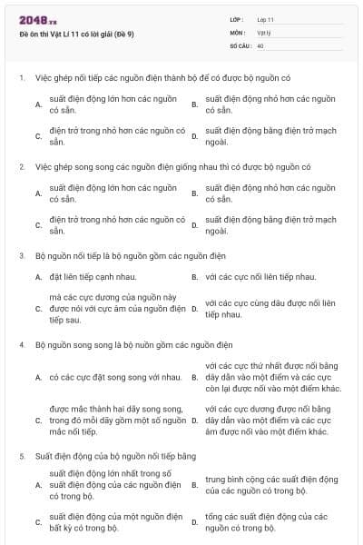 Đề ôn thi Vật Lí 11 có lời giải (Đề 9)