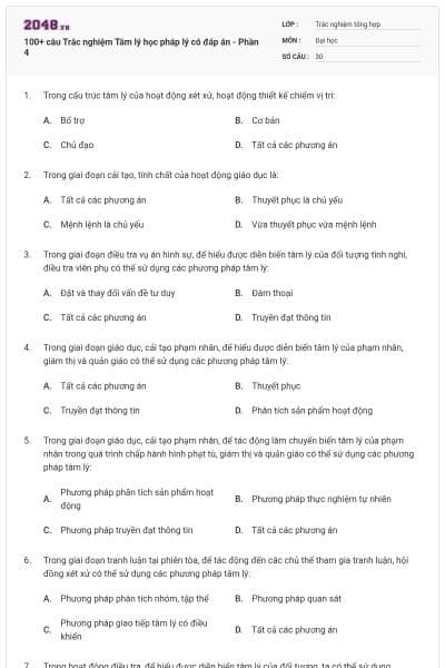 100+ câu Trắc nghiệm Tâm lý học pháp lý có đáp án - Phần 4
