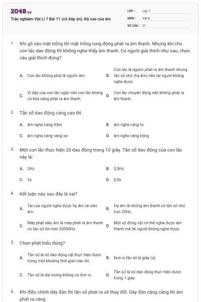Trắc nghiệm Vật Lí 7 Bài 11 (có đáp án): Độ cao của âm