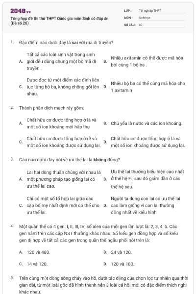Tổng hợp đề thi thử THPT Quốc gia môn Sinh có đáp án (Đề số 26)