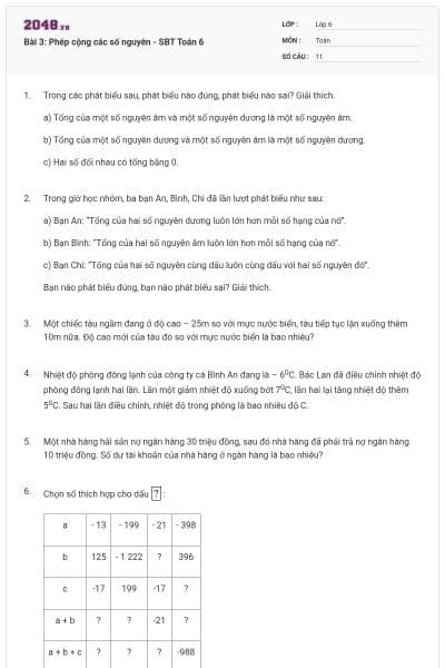 Bài 3: Phép cộng các số nguyên - SBT Toán 6