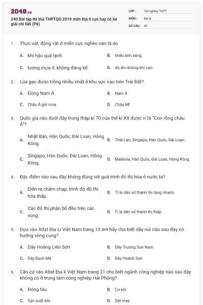 240 Bài tập thi thử THPTQG 2019 môn Địa lí cực hay có lời giải chi tiết (P6)
