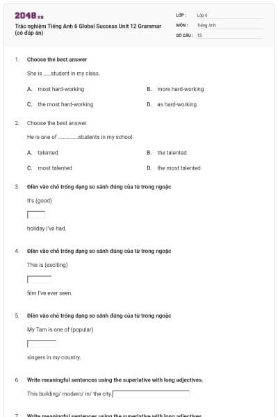 Trắc nghiệm Tiếng Anh 6 Global Success Unit 12 Grammar (có đáp án)