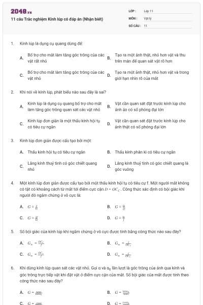 11 câu  Trắc nghiệm Kính lúp có đáp án (Nhận biết)