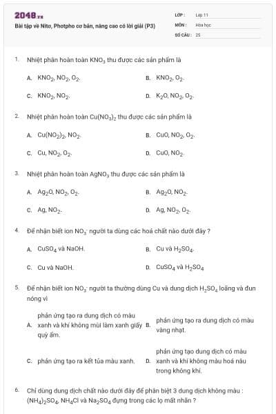 Bài tập về Nitơ, Photpho cơ bản, nâng cao có lời giải (P3)