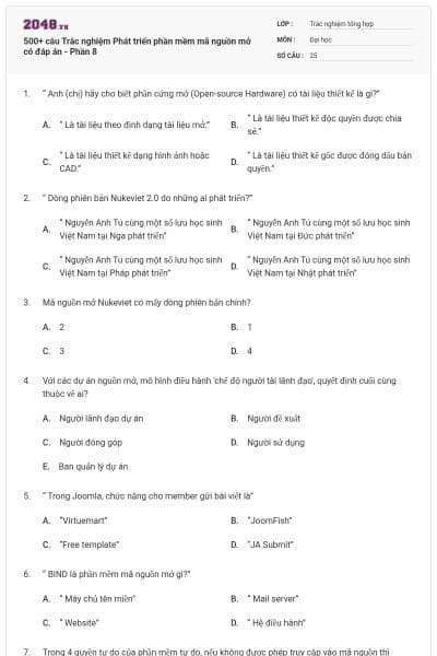 500+ câu Trắc nghiệm Phát triển phần mềm mã nguồn mở có đáp án - Phần 8