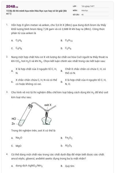 15 Bộ đề thi minh họa môn Hóa Học cực hay có lời giải (Đề số 1)
