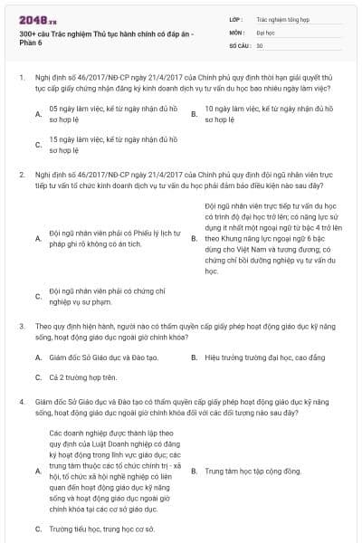 300+ câu Trắc nghiệm Thủ tục hành chính có đáp án - Phần 6