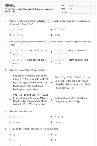 12 câu  Trắc nghiệm Phương trình đường elip có đáp án (Nhận biết)