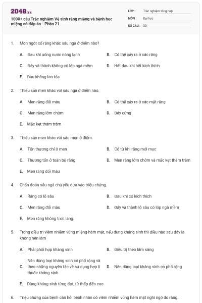 1000+ câu Trắc nghiệm Vệ sinh răng miệng và bệnh học miệng có đáp án - Phần 21