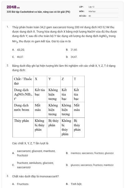 335 Bài tập Cacbohidrat cơ bản, nâng cao có lời giải (P6)